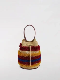 Borsa a secchiello in rafia con frange a righe Rabanne