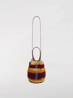 Borsa a secchiello in rafia con frange a righe Rabanne