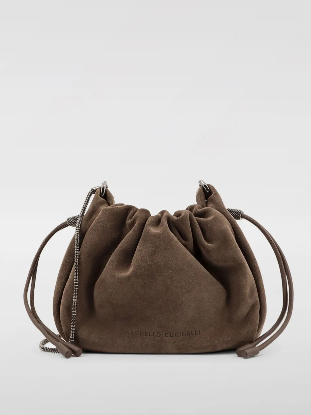 Borsa Bucket Mellow Brunello Cucinelli in camoscio con Precious Chain