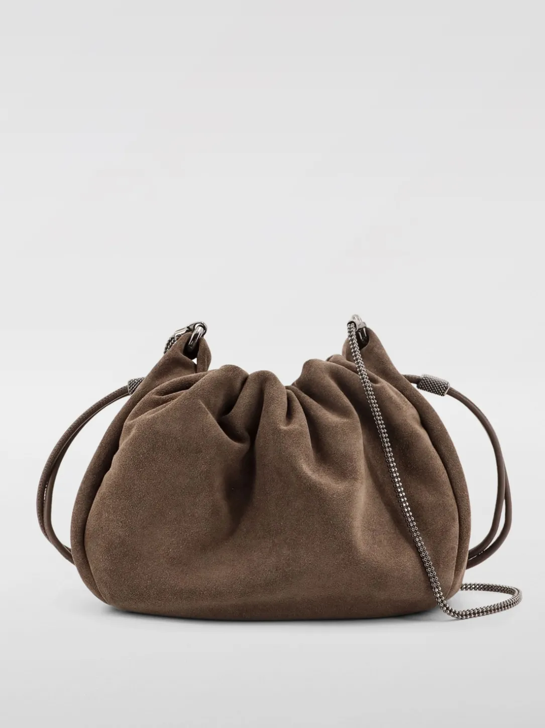 Borsa Bucket Mellow Brunello Cucinelli in camoscio con Precious Chain