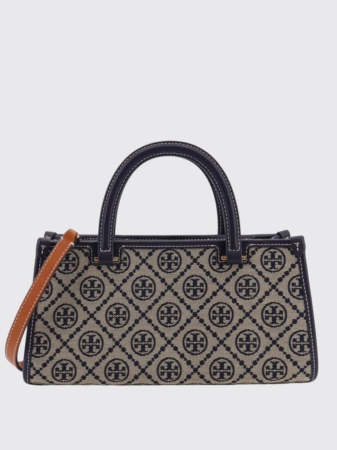 Borsa East-West T Monogram Tory Burch in misto cotone jacquard e pelle