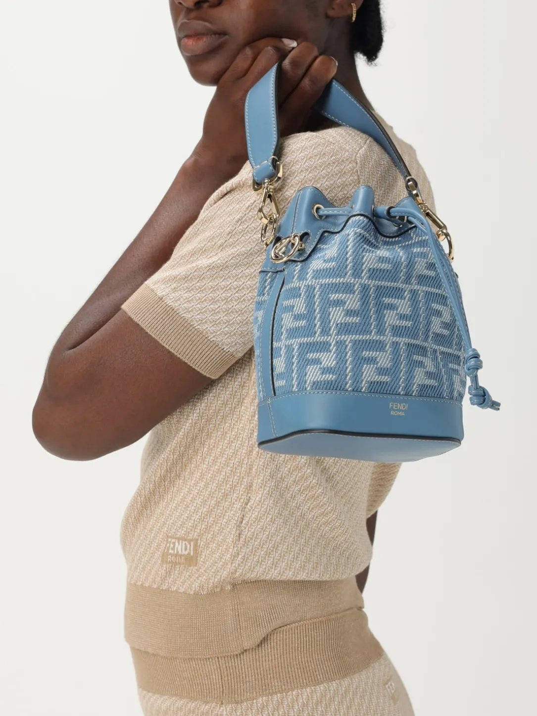 Borsa Mon Tresor Fendi in pelle e denim con monogram FF jacquard