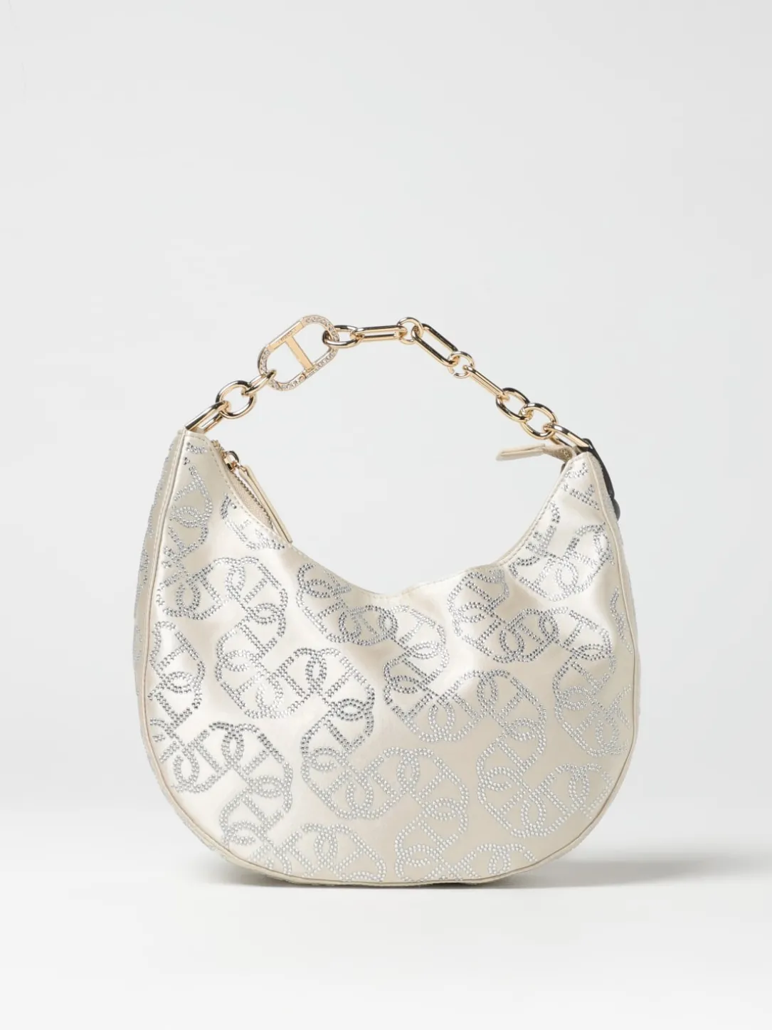 Borsa Oval T Croissant Twinset in raso con strass all over