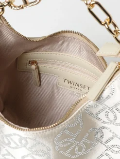 Borsa Oval T Croissant Twinset in raso con strass all over