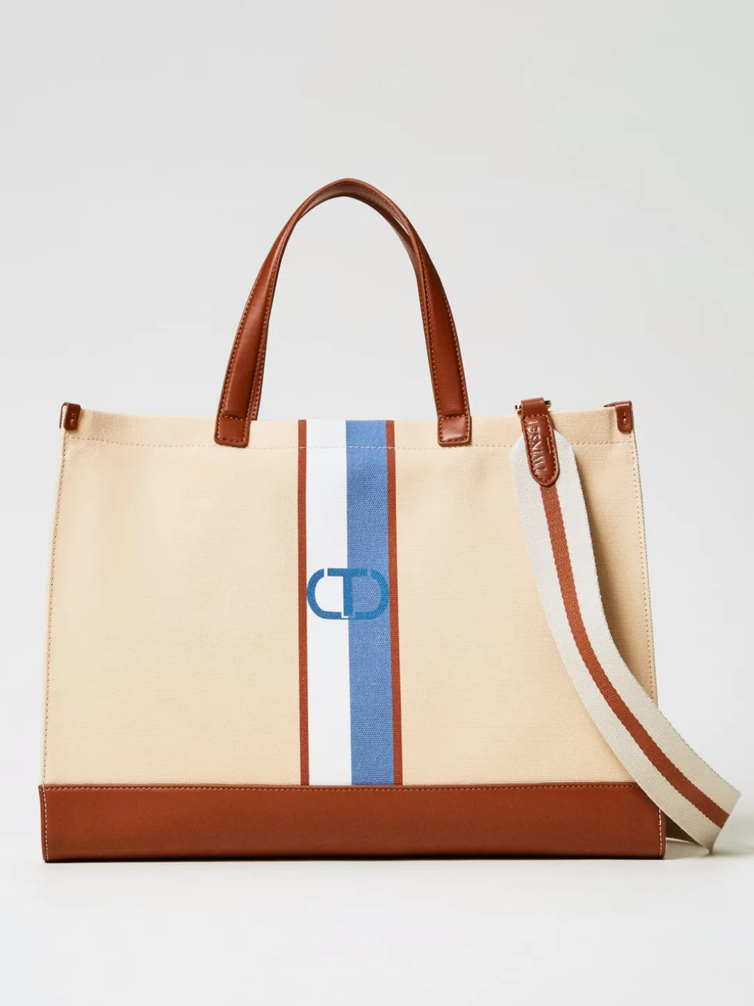 Borsa Oval T Twinset in canvas con stampa a righe