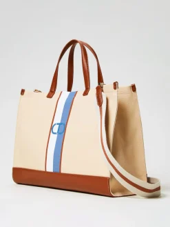 Borsa Oval T Twinset in canvas con stampa a righe