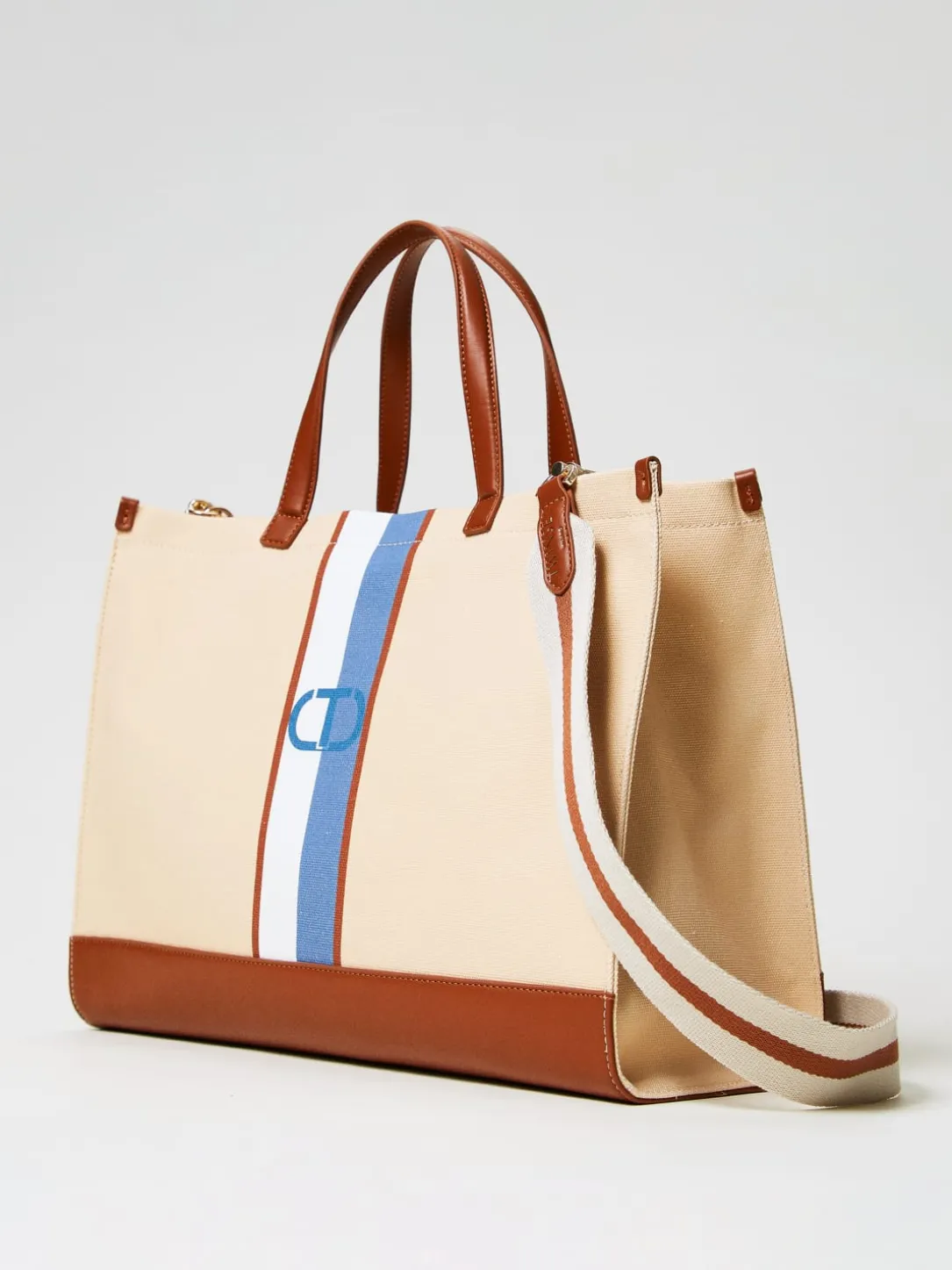 Borsa Oval T Twinset in canvas con stampa a righe