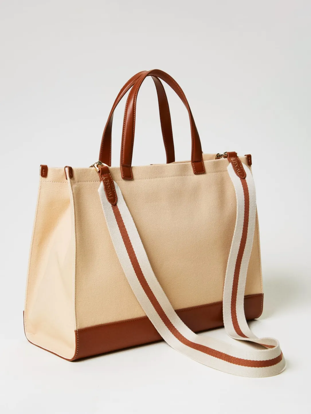 Borsa Oval T Twinset in canvas con stampa a righe