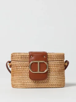 Borsa Oval T Twinset in rafia intrecciata e pelle sintetica