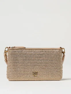 Borsa piccola piatta in rafia laminata con tracolla Pinko
