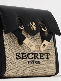 Borsa Quiny Secret Pon-Pon in nappa sintetica e rafia