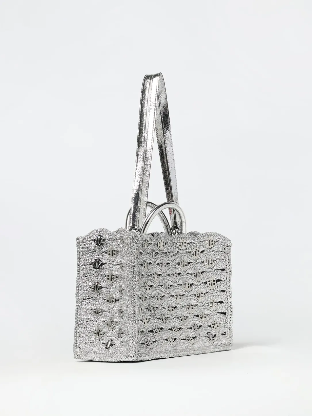 Borsa Rabanne in nylon lamè crochet con applicazioni