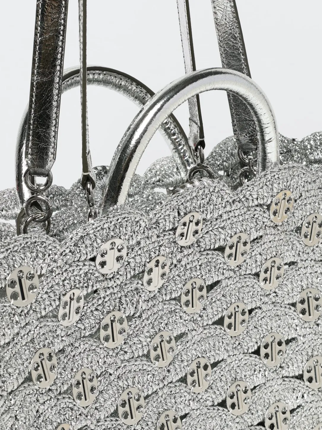 Borsa Rabanne in nylon lamè crochet con applicazioni