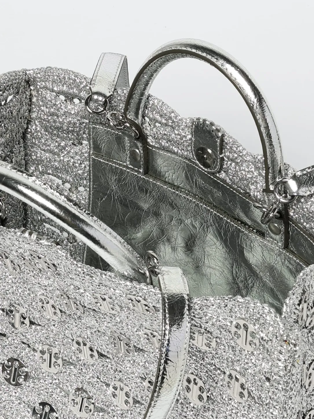 Borsa Rabanne in nylon lamè crochet con applicazioni