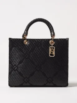 Borsa tote Elisabetta Franchi in rafia e tessuto con logo jacquard