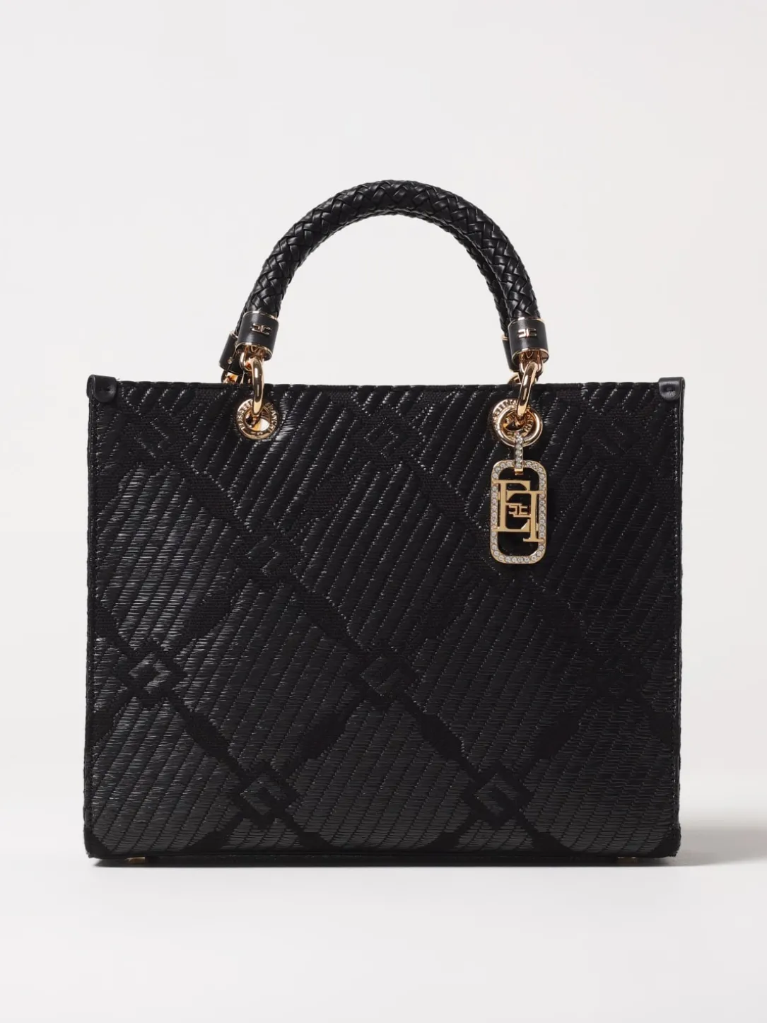 Borsa tote Elisabetta Franchi in rafia e tessuto con logo jacquard