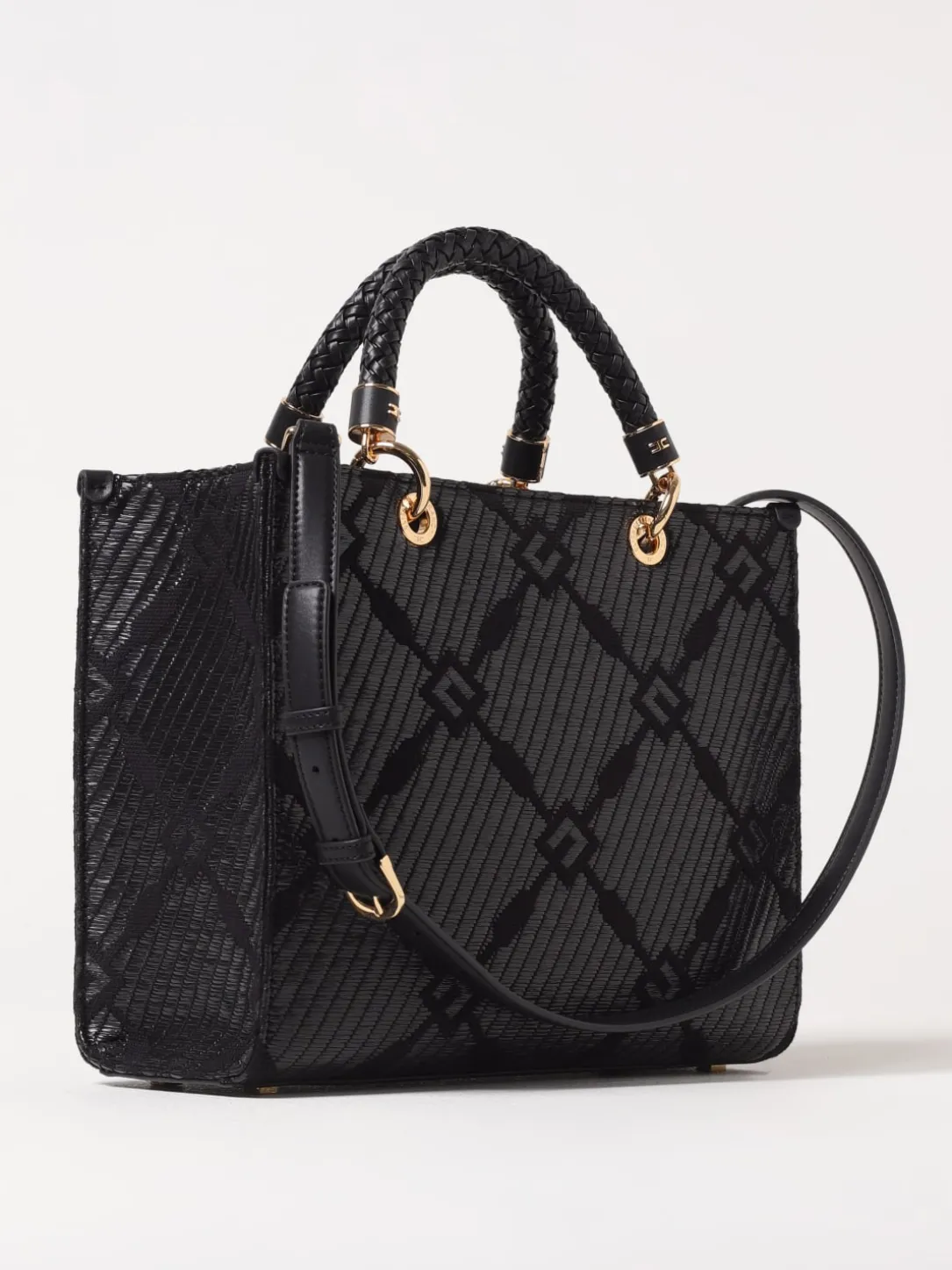 Borsa tote Elisabetta Franchi in rafia e tessuto con logo jacquard