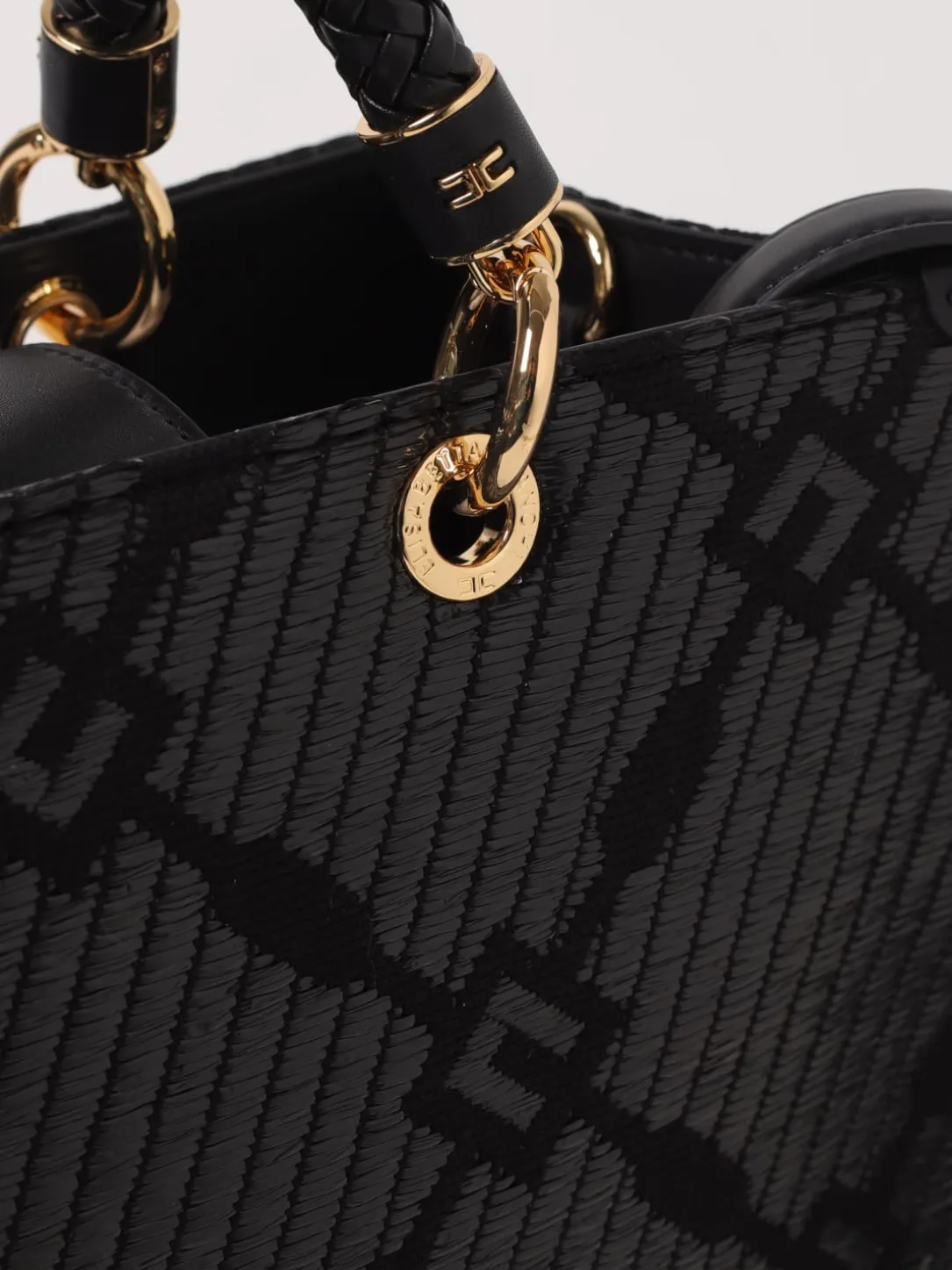 Borsa tote Elisabetta Franchi in rafia e tessuto con logo jacquard