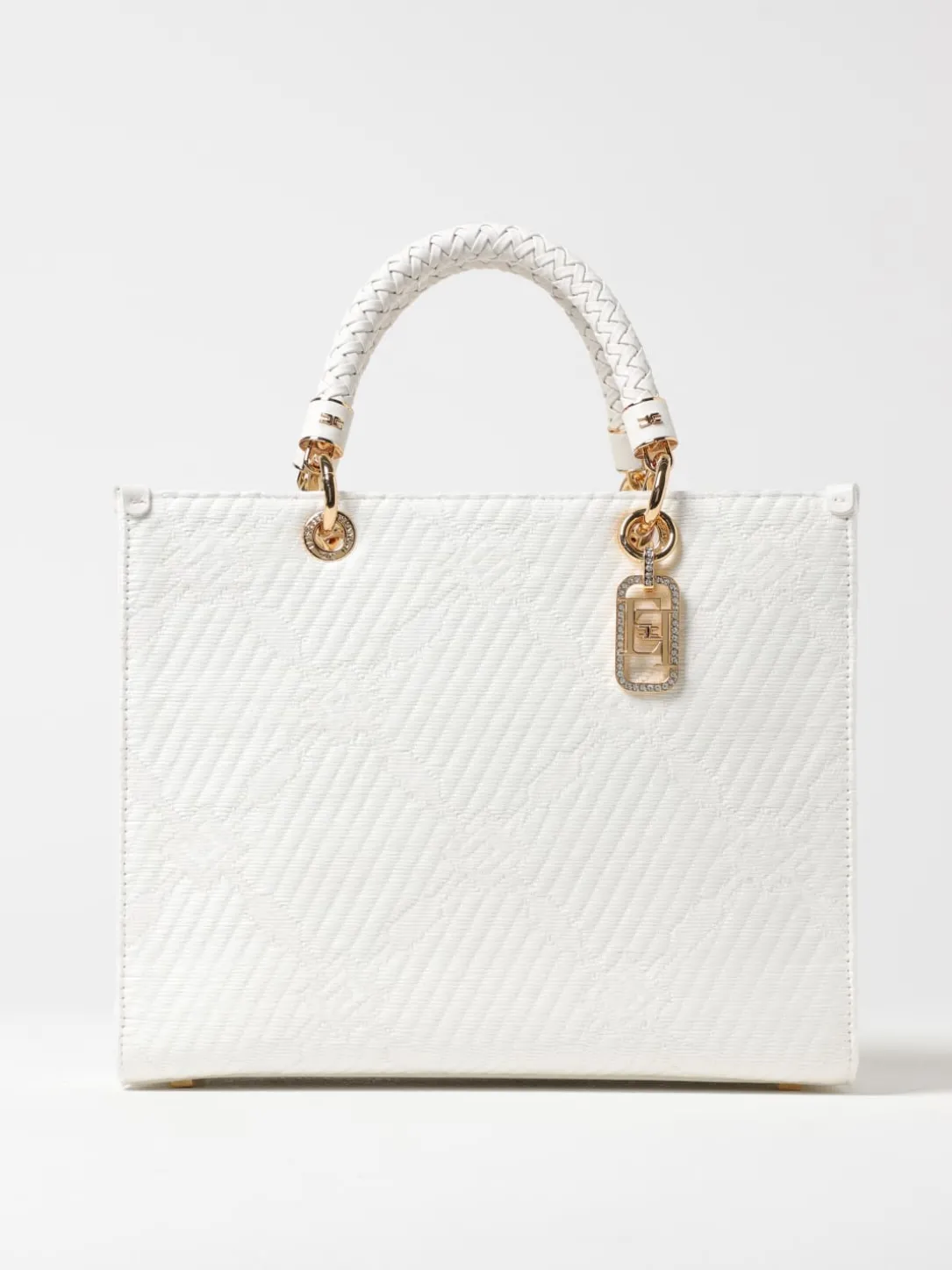 Borsa tote Elisabetta Franchi in rafia e tessuto con logo jacquard