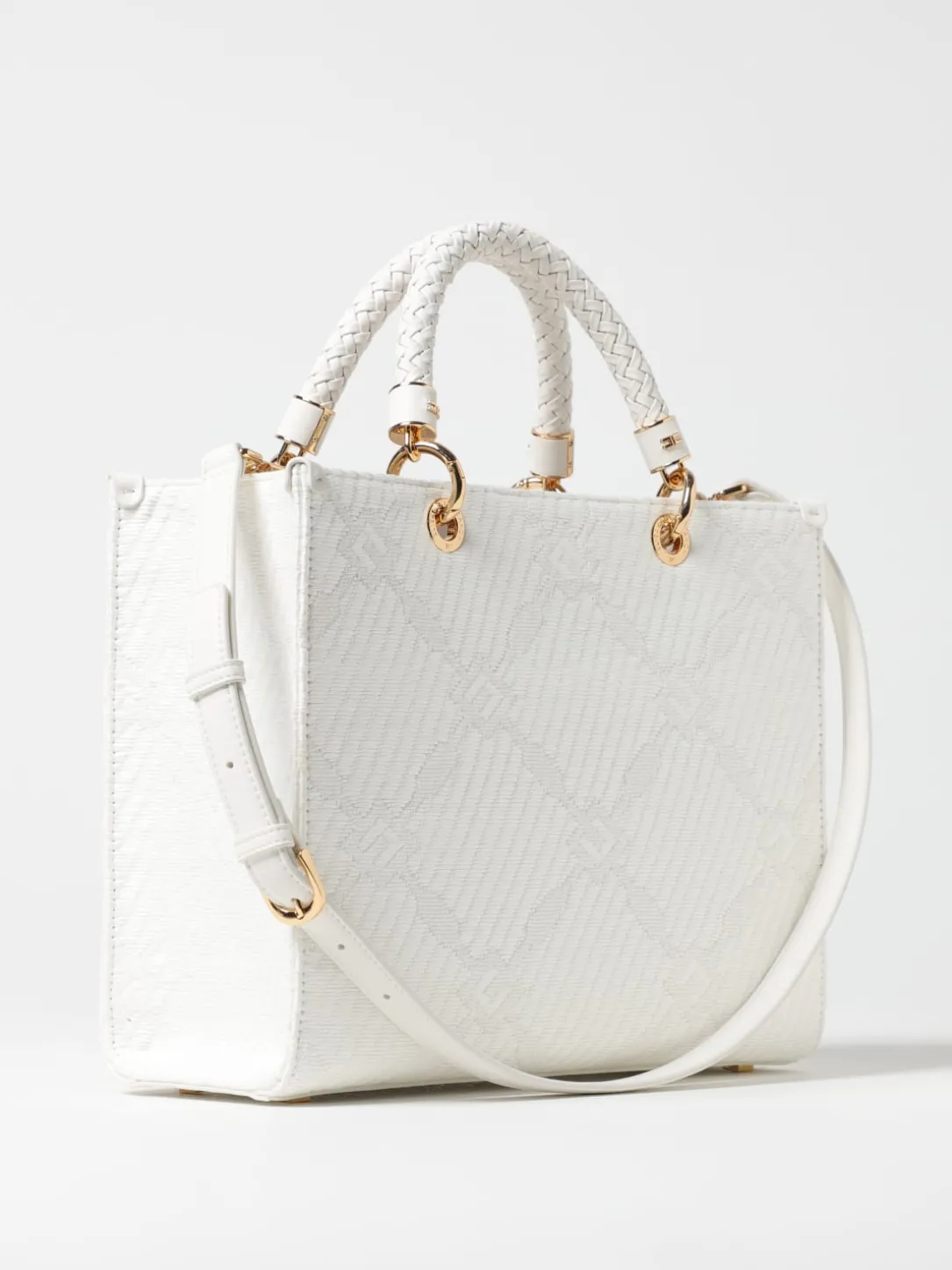 Borsa tote Elisabetta Franchi in rafia e tessuto con logo jacquard