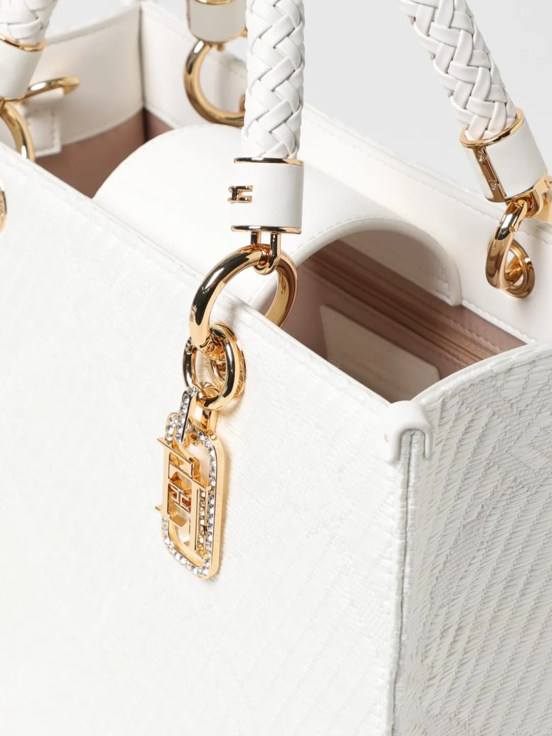 Borsa tote Elisabetta Franchi in rafia e tessuto con logo jacquard