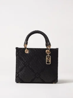Borsa tote Elisabetta Franchi in rafia e tessuto con logo jacquard