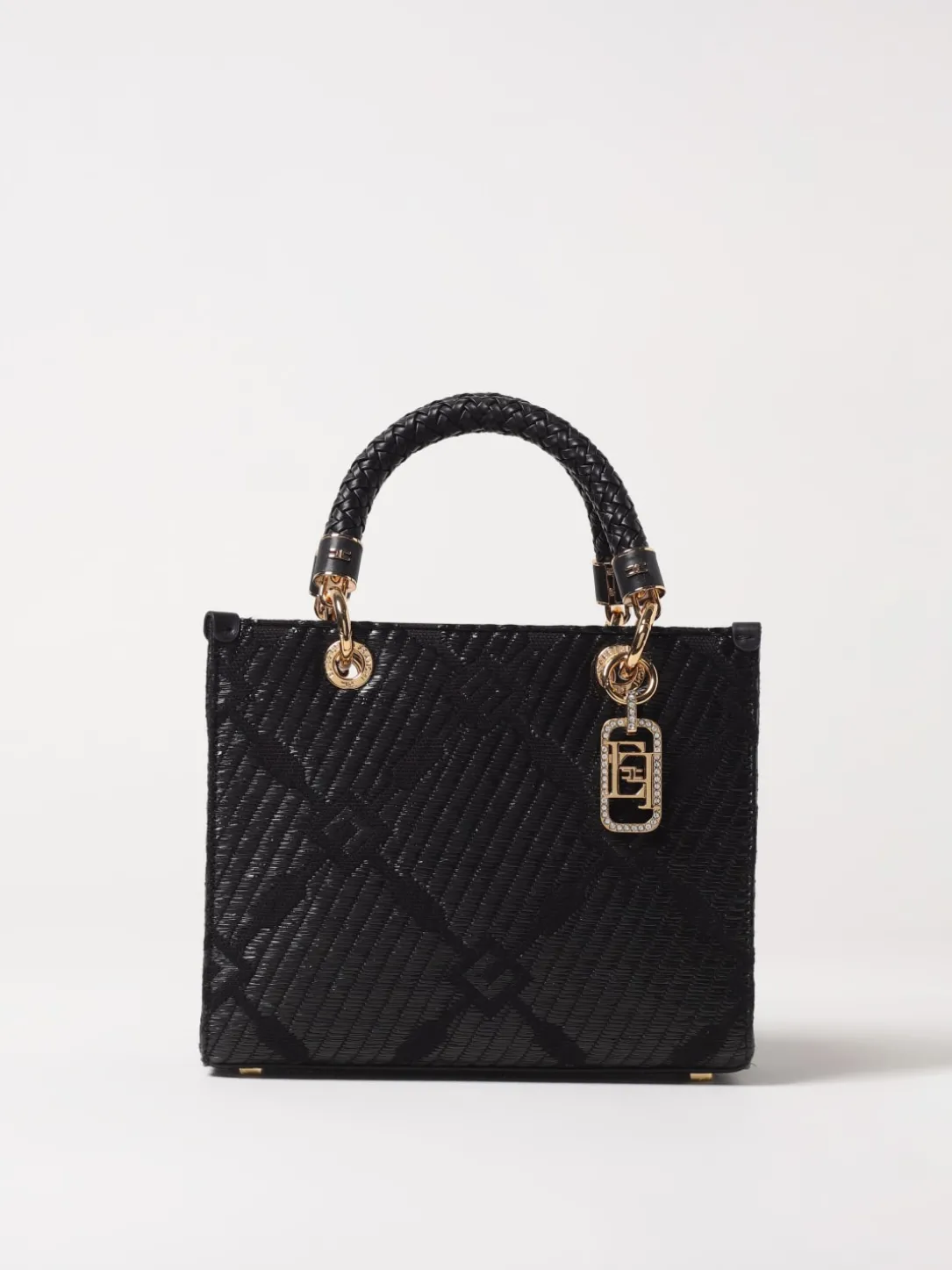Borsa tote Elisabetta Franchi in rafia e tessuto con logo jacquard