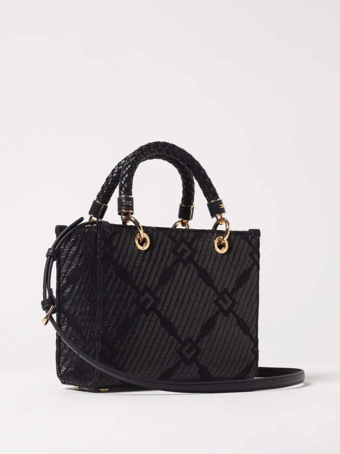 Borsa tote Elisabetta Franchi in rafia e tessuto con logo jacquard