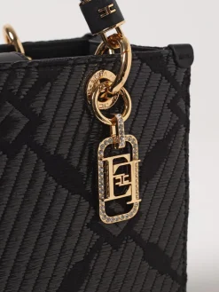 Borsa tote Elisabetta Franchi in rafia e tessuto con logo jacquard