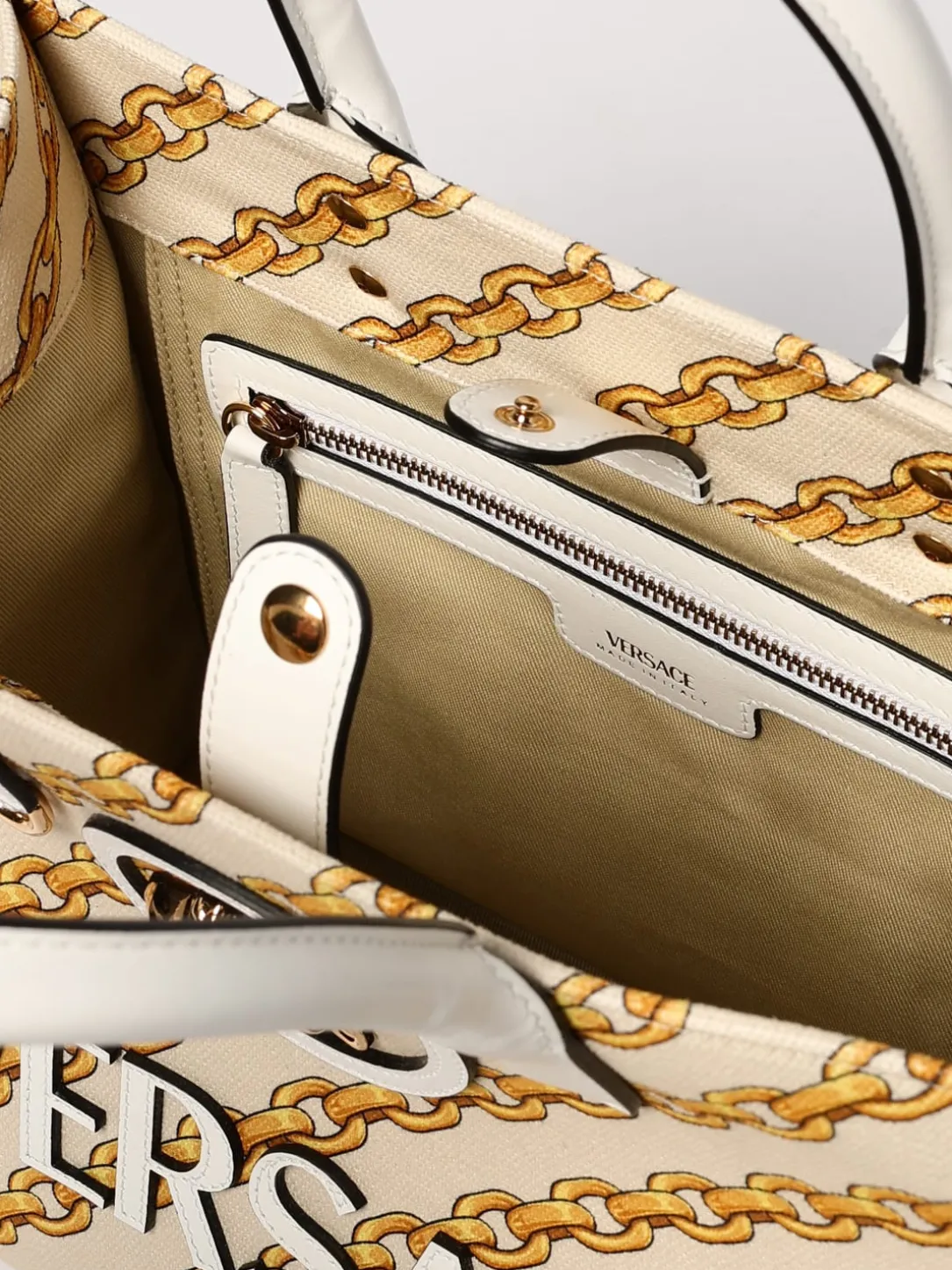 Borsa Versace in canvas con stampa chain