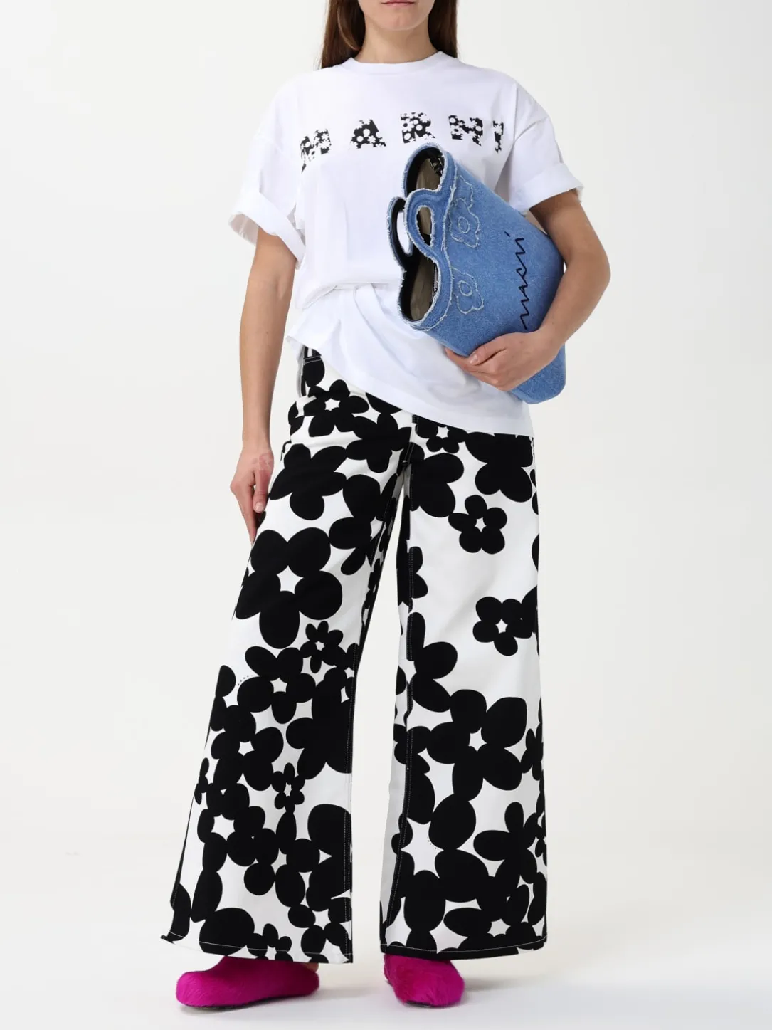 Borse a mano tote in denim con fiori e logo Marni