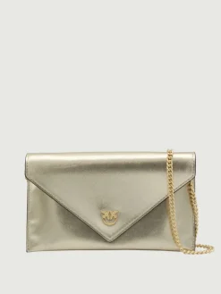 Bustina in pelle metallizzata con logo Love Birds Pinko