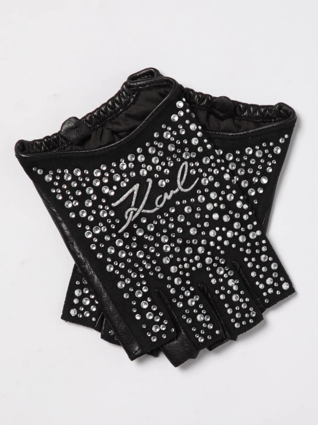 Guanti mezze dita Karl Lagerfeld in pelle e nylon con zirconi
