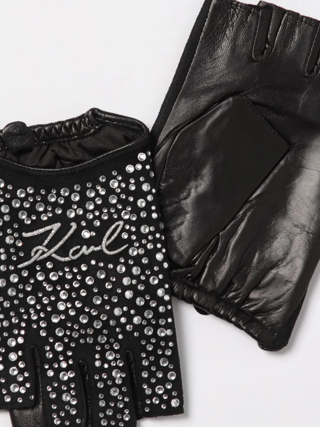 Guanti mezze dita Karl Lagerfeld in pelle e nylon con zirconi