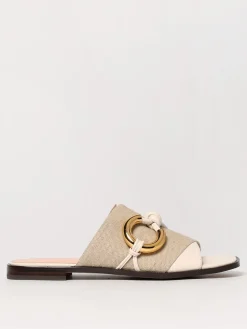 Mules Coccinelle in canvas di lino e pelle