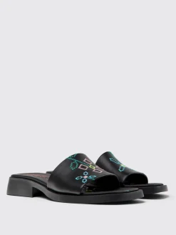 Mules Twins Camper in pelle con ricamo floreale