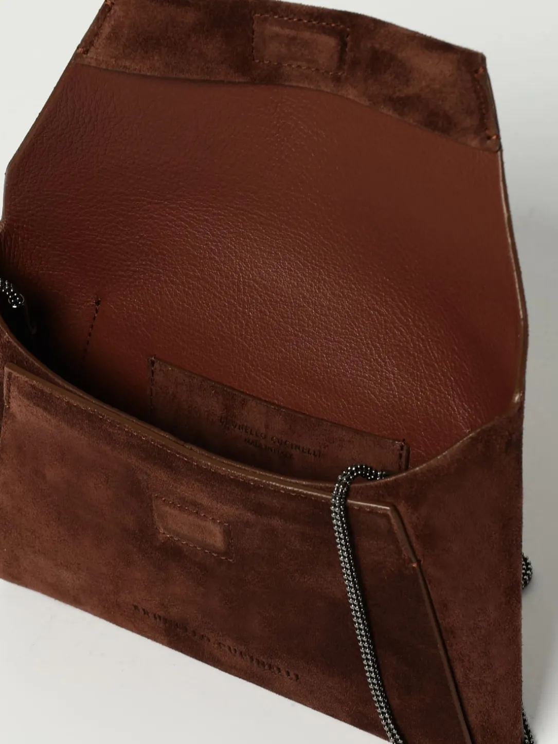 Pochette BC Duo Brunello Cucinelli in camoscio con tracolla monile