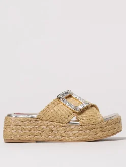 Sandalo Roger Vivier in rafia e pelle con fibbia gioiello