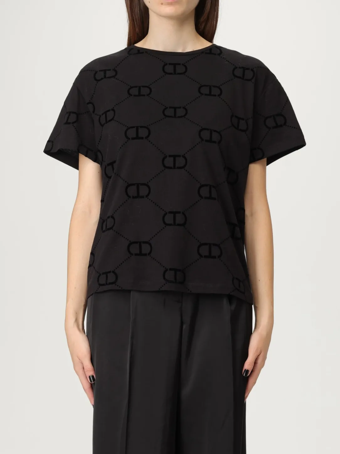 T-shirt in cotone con logo all-over Twinset